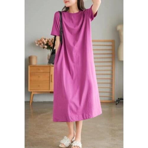 Cotton 2021 Summer New Loose Casual Solid Color Age Reducing Cover Meat Thin Medium and Long Short Sleeve Dress Fashion