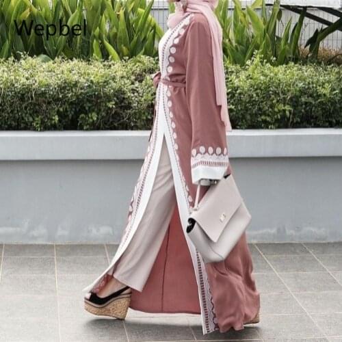 Wepbel Embroidered Cardigan Lace Up Dubai Muslim Abaya Women Long Sleeve Middle East High Waist Robe Islamic Clothing