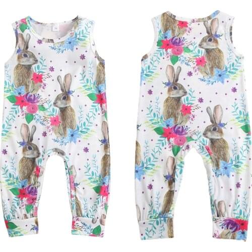 New Baby Easter Rabbit Print Romper, Girls Sleeveless Crew Neck Long Jumpsuit for Summer, 6 Months-3 Years