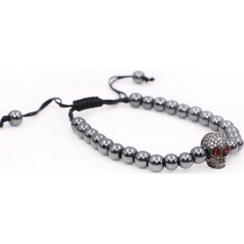 Mestylish Black Hematite Stone Macrame Bead Bracelet Female Skull Charms Bracelet & Bangle For Womens Men Adjust Size