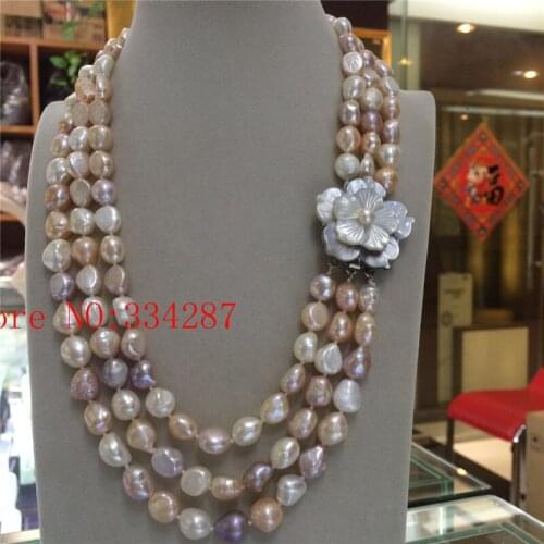 Big 3row 9-10mm baroque white pink purple freshwater pearl necklace