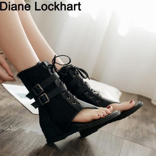 Sexy Black Women Flat Summer Boots 2021 Hot Zipper Women Shoes Open Toe Sandals Lace Up Ankle Boots Summer Shoes Size 35 36 40
