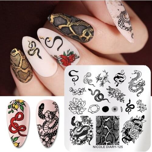 NICOLE DIARY Snake Pattern Nail Stamping Plates Leopard Dragon Image Stamp Template Flower Leaf DIY Nail Printing Stencils Tool