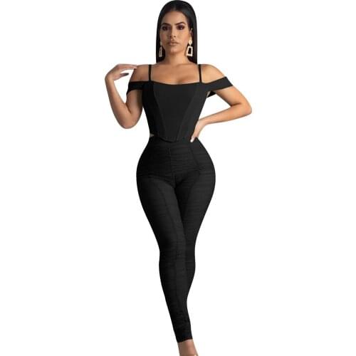 Pleated Double-Layer Mesh Sexy Two-Piece Womens Suspender Top And Trousers Summer Party Club Clothes