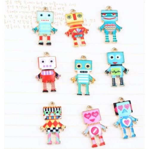 Diy Jewelry making 50pcs/lot Colorful Pattern Printing Alloy drop oil gold-color Cartoon Robot Shape Metal Pendant fashion Charm