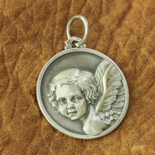 Cute Angel Pendant 925 Sterling Silver Charms 2 Sides Round Pendant TA165 JP