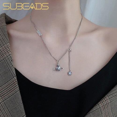Subeads 925 Sterling Silver Vintage Universe Planet Choker Neckalce Good Luck Saturn Clavicle Chain Long Tassel Necklace Jewelry