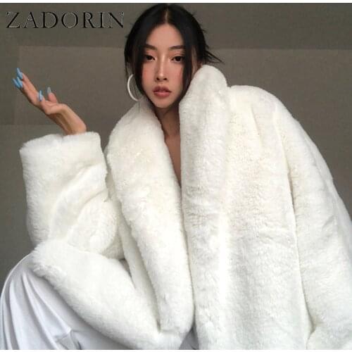 ZADORIN Winter Oversize Thick Warm White Furry Faux Fur Jacket Women 2021 Korean Fashion Luxury Long Sleeve Faux Rabbit Fur Coat