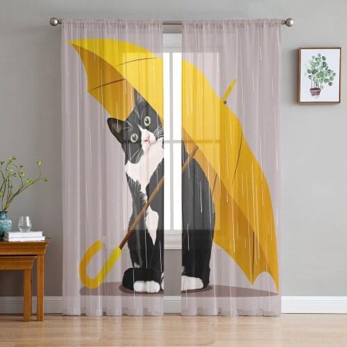 Yellow Umbrella Cat Chiffon Sheer Curtains for Living Room Bedroom Home Decoration Window Voiles Tulle Curtain