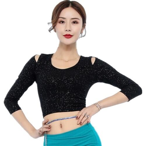 Long Sleeves Women Dance Clothing Accessories Elastic Modal Crop Open Shoulder Belly Dance Shinny Tops for Girls