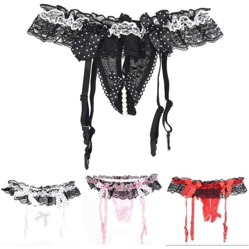 Women Sexy Garter Belt For Stocking Black White Lace Suspenders Sexy Open Crotch Pearl Panties Bow Lingerie Garter