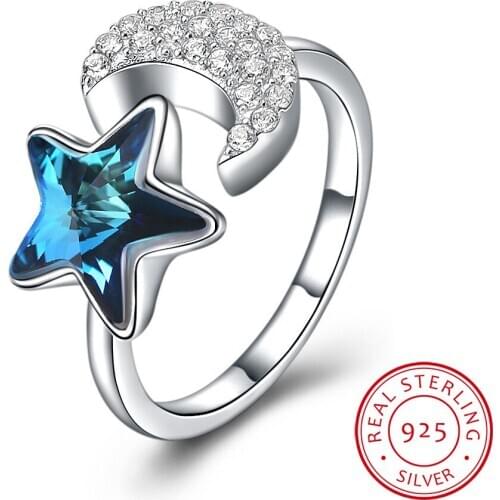 LEKANI Brand Fashion Star and Moon Ring For Women 925 Sterling Silver Crystal Female Ring Party Jewelry Girl Gift