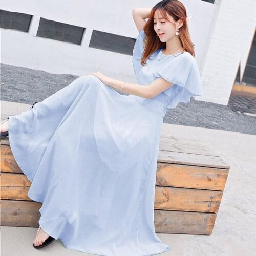 2020 New Summer Chiffon Dress Solid Color Ruffle Sleeve Sweet Mid-length O-neck Fashion Korean Beach Dress Female Elbise r297
