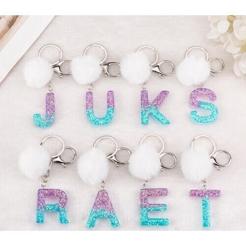 1PC Keyring Purple Blue English Letter Keychain with Puffer Ball 26 English word Glitter Resin A TO Q Handbag Charms for Woman