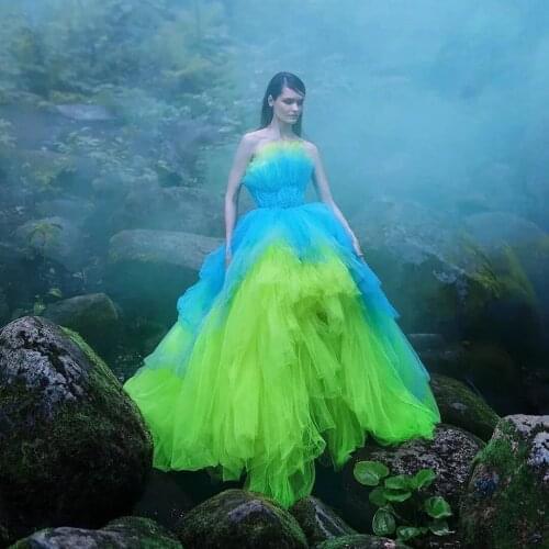 2022 Fashuon Colorful Puffy Tulle Formal Party Dresses Elegant Sleeveless Tiered Ruffles Long High Low Prom Gowns