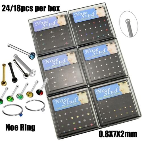 24pcs Box Nose Stud Hoop Ring Jewelry Nose Retainer Bone Stud CZ Crystal L Shape Screw Bend Multi Logos Nose Body Jewelry