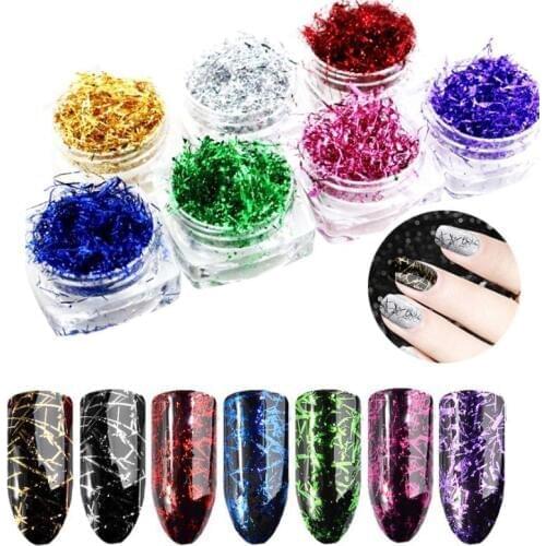 7 Jars Nail Art DIY Glitter Aluminum Foil Flakes 7 Colors Silk Stripes Sequins Magic Effect Chrome Mirror Powder Charm ,NEW 2018