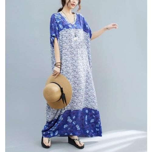 Bohemian Long Maxi Dress Print Floral Plus Size Loose Travel Style Dress V-neck Summer Holiday Beach Casual Dress