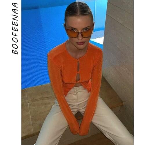 BOOFEENAA Sexy Long Sleeve Blouse Crop Top Spring 2021 Women Fashion Button Up Cardigan Orange Green Ladies T Shirt C92-CB15