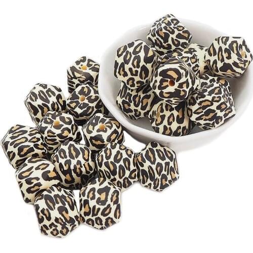 Chenkai 50PCS Silicone 14MM 17MM Hexagon Leopard Round Beads Baby DIY Nursing Necklace Infant Teether Toy Chain Accessories