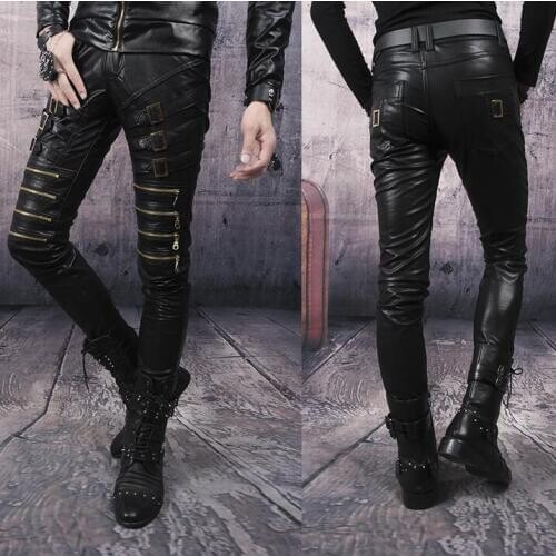 Black red white personality fashion mens motorcycle leather pants punk slim pant mens feet trousers multi-zipper pantalon homme