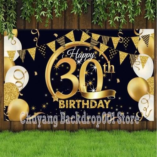 Custom 30th Photo Backdrop Black Gold Happy Birthday Party Balloon Champagne Decoration Men Lady Photography Background Banner