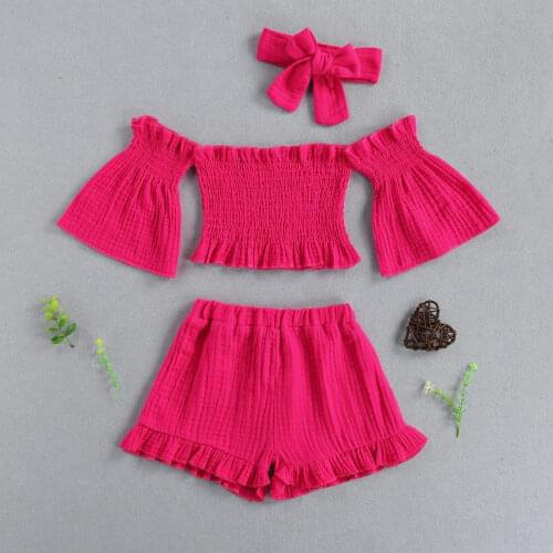 Baby Girls Outfits Off Shoulder Flare Sleeves Tops+Ruffle Shorts+Headband 3Pcs Cotton Toddler Infant Fashion Summer Outwear