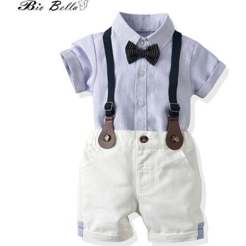 Summer Boys Sets Casual Stripe Blue Shirt Tops+Suspender Shorts Gentle Outfits Bibs Pants With Bow Tie Boys Clothes Sets