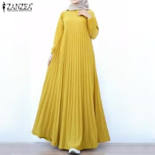 Fashion Abaya Dubai Long Sleeve Maxi Dress Elegant Autumn Muslim Dress ZANZEA Women Solid Pleated Robe Femme Islam Clothing