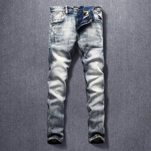 Italian Style Fashion Men Jeans Distressed Wash Elastic Cotton Slim Fit Scratch Vintage Designer Jeans Men Retro Denim Pants