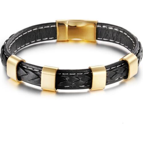 8.26'' Gold Trendy design Genuine leather w/ Stainless Steel Clasp Bracelet Bangle Hot selling Jewlery Men Women Gifts