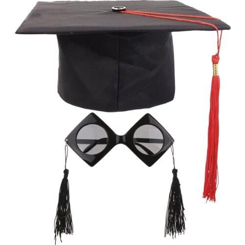 Mortarboard Hat Sunglasses Men Women Adult Tutor Master Doctor Grad Cap Red Tassels Party Accessories Gifts