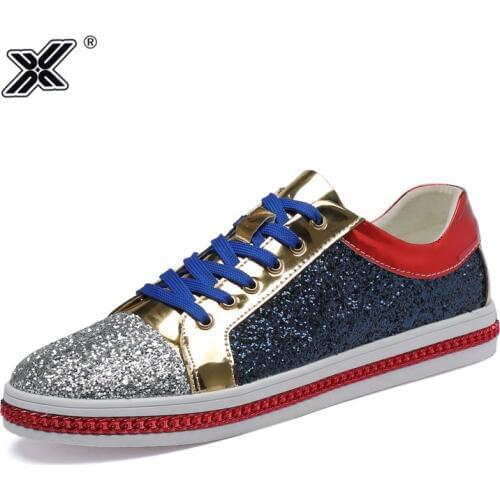 X Brand Fashion Shiny Mirror Shoes Men Casual Sneakers Classic Club Golden Silver Low cut Glitter Shoes Men chaussure homme 2019