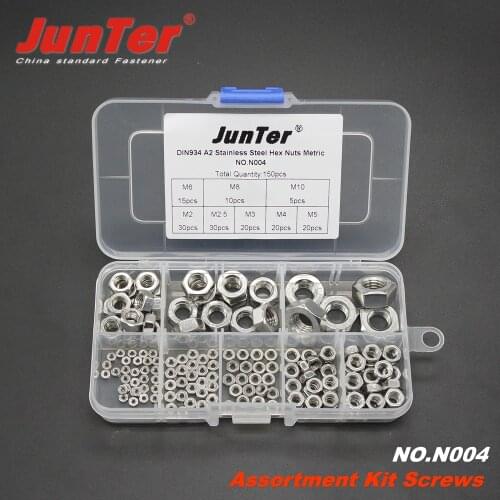 High-quality 150pcs M2 M2.5 M3 M4 M5 M6 M8 M10 DIN934 A2 Stainless Steel Hex Nuts Metric Assortment Kit NO.N004
