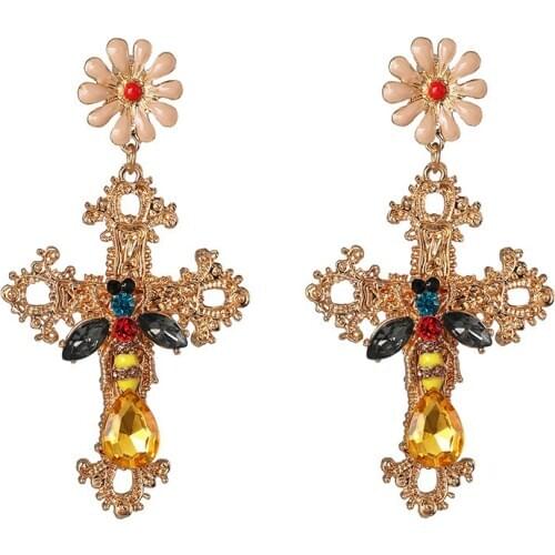 2020 New Vintage Baroque Cross Drop Earrings Women Indian Ethnic Long Earrings Jewelry Luxury Crystal Statement ZA Earrings