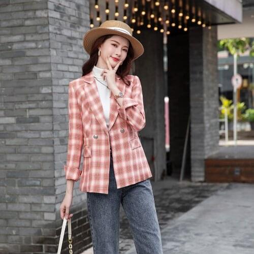 2021 New Elegant Autumn Pink Plaid Women Blazers Long Sleeve Coat Female Outerwear Office Lady Jacket Single-Breasted Tops