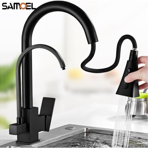 New Arrival Brass 3-way Matte Black Kitchen Sink Mixer Tap Chrome Square Pull Out Purified Water Kitchen Faucets B3439