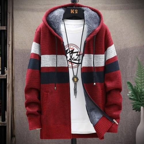 2021 Autumn Korean Hooded Mens Sweaters with Thick and Velvet Mens Cardigan Knitted Sweatercoats Patchwork Jacket Male M-3XL
