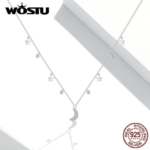 WOSTU Authentic 925 Sterling Silver White Moon & Star Pendant Necklace for Women Chain Link Necklaces Silver 925 Jewelry DXN420
