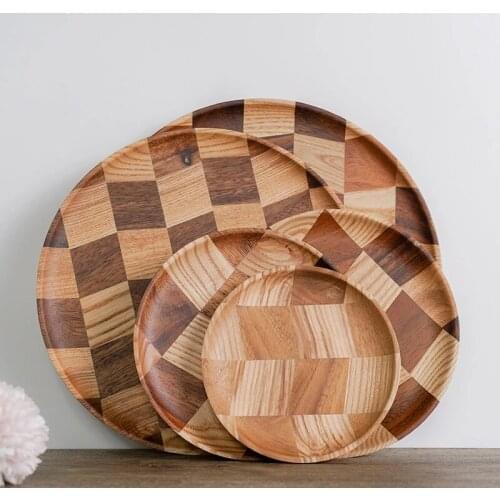 Grid Pattern Solid Wood Pan Plate Fruit Dishes Saucer Tea Tray Dessert Dinner Bread Wood Plate