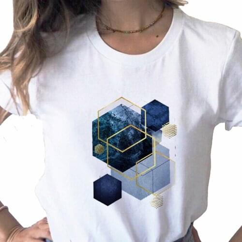 Casual Office Geometric Cute print ladies T-shirt ladies casual basis O-collar white shirt short sleeve ladies T-shirt,Drop Ship