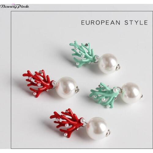 Banny Pink Wedding White Pearl Earrings For Women Chic Enamel Coral Stud Earrings Party Tree Branch Earrings Statement Earrings