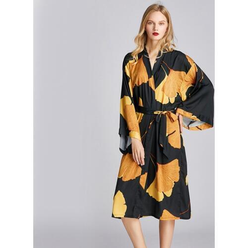 2020 Spring Summer New Silky Satin Robe Ladies Ginkgo leaf Printing Robe Sexy women Makeup Dressing Gown Casual Bathrobe