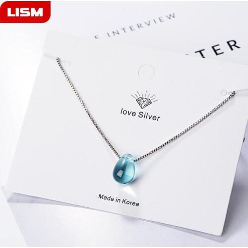 Literary Blue Crystal Water Drop Pendant Necklaces For Women Short Clavicle Chain Choker Silver Plated Jewelry Girl