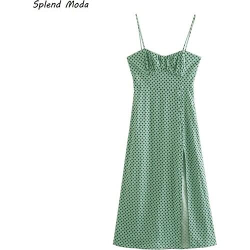 Splend Moda Chic Fashion Polka Dot Sling Side Slit High Waist Slim Mid-Length 2021 Summer New Sexy Folds Dresses Women Vestido