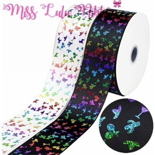 3"75mm Rainbow Hologram Foil Cactus Printed Solid Grosgrain Ribbon Mexico Festival DIY Bowknots Hair Band Making 50yards/roll