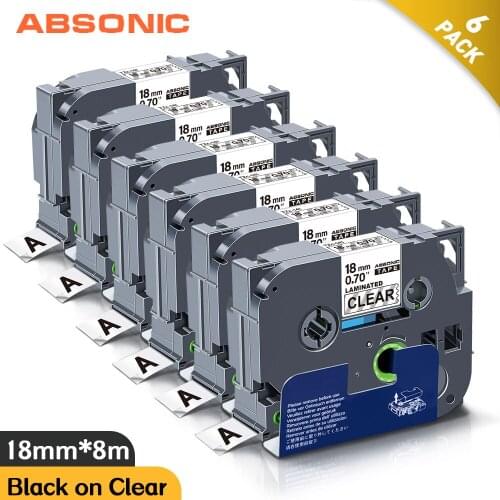 Absonic 6PK Label Ribbon for Brother 141 18mm Black on Clear Laminated Label Tape Compatible for Brother Label Maker PT-H110