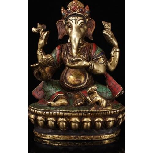 Asian Antique Statue, Old handmade Ganesha ,Home decoration Pure copper inlaid Turquoise elephant trunk sculpture ,Height 15CM