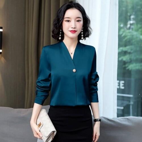 Korean Fashion Silk Women Blouses Button Long Sleeve Office Lady Shirt and Blouse Plus Size XXXL Women Tops and Bloues