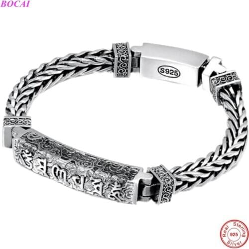 BOCAI New real S925 Sterling Silver bracelet six character Mantra Auspicious clouds Retro Hand woven twist Man Bracelet